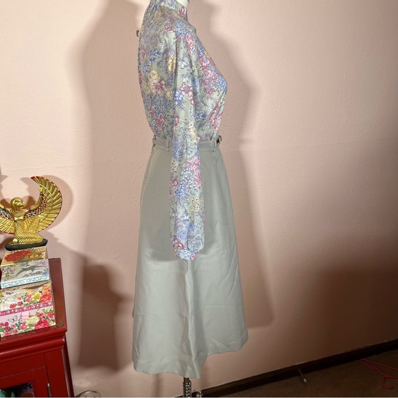 Vintage 70 80 Retro Victorian pastel floral Prairie Grey High waist Skirt set - Picture 6 of 17